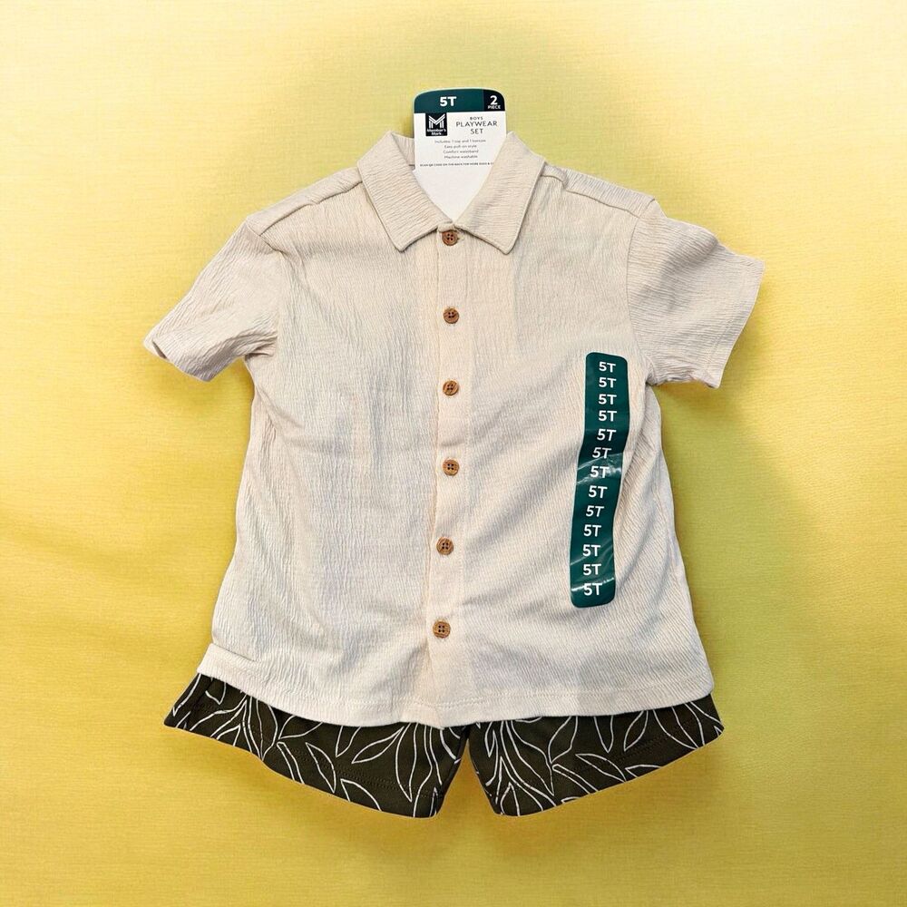Member's Mark Boys 2-Piece Outfit Set 5T Beige Button Shirt Green Leaf Shorts